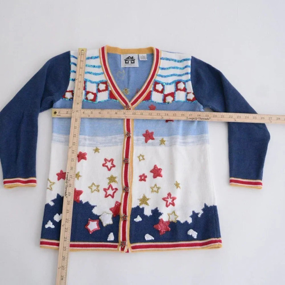 Vintage Storybook Knits Blue & White Stars Knit Embroidered Cardigan Sweater S - Picture 4 of 12